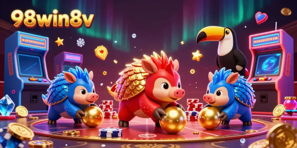 Engage with thrilling action at 98win8v as rival pangolins bowl through poker chips in a vibrant casino scene.