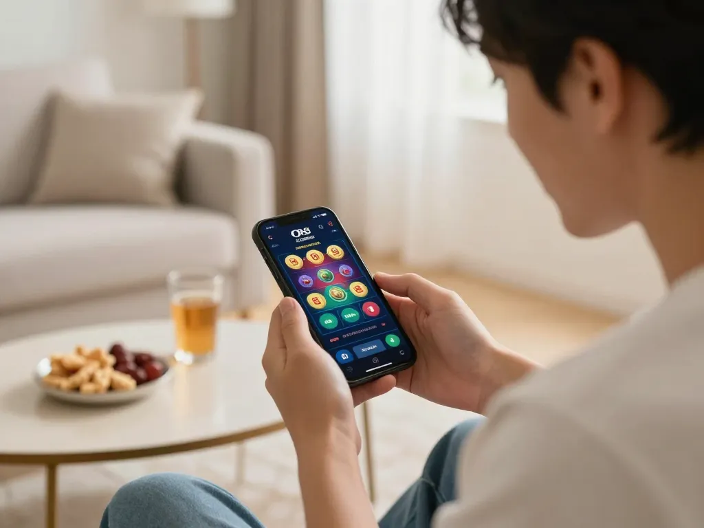 Player engaging with O8 online casino app, excitedly betting on their smartphone in a cozy home atmosphere.