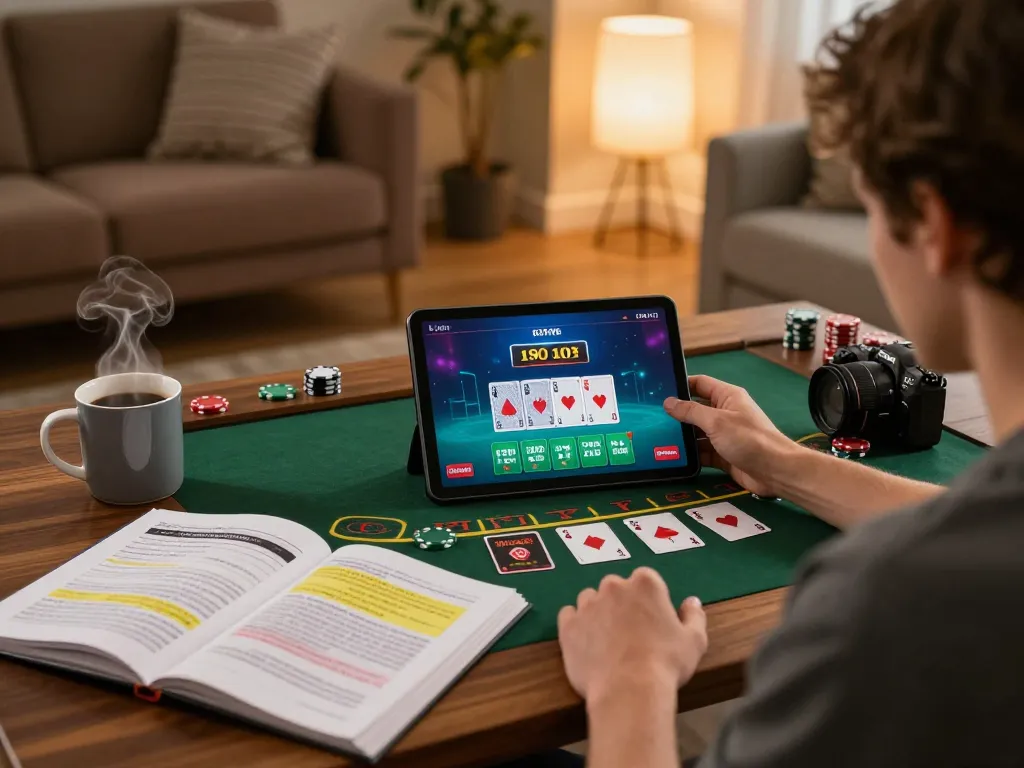 Person utilizing sunwingo for blackjack on a tablet surrounded by strategy notes and a coffee mug.