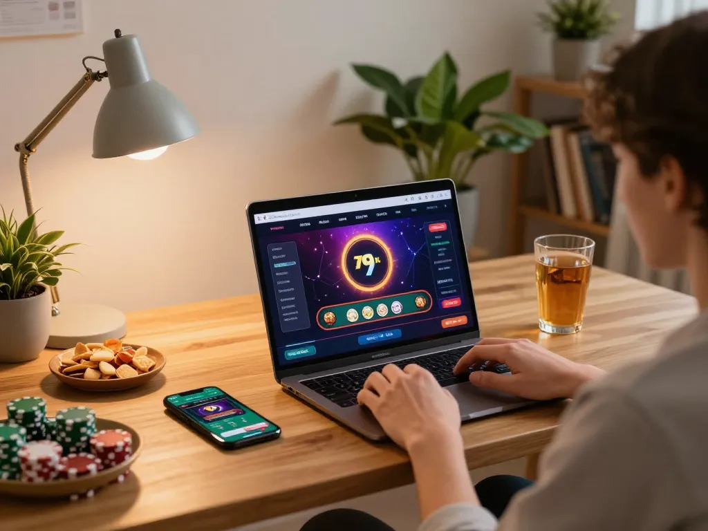 Engaging with the 79kingt1 casino app on a laptop, showcasing a cozy home gaming setup.