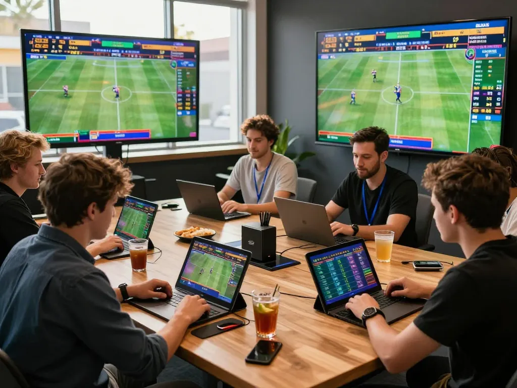 Players enjoying a live betting session on bl555 platform with vibrant digital displays and gaming equipment.