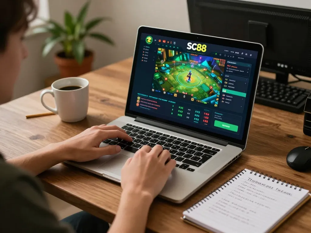 Players engaging with sc88 online casino gaming from a cozy home setup with interactive interface.