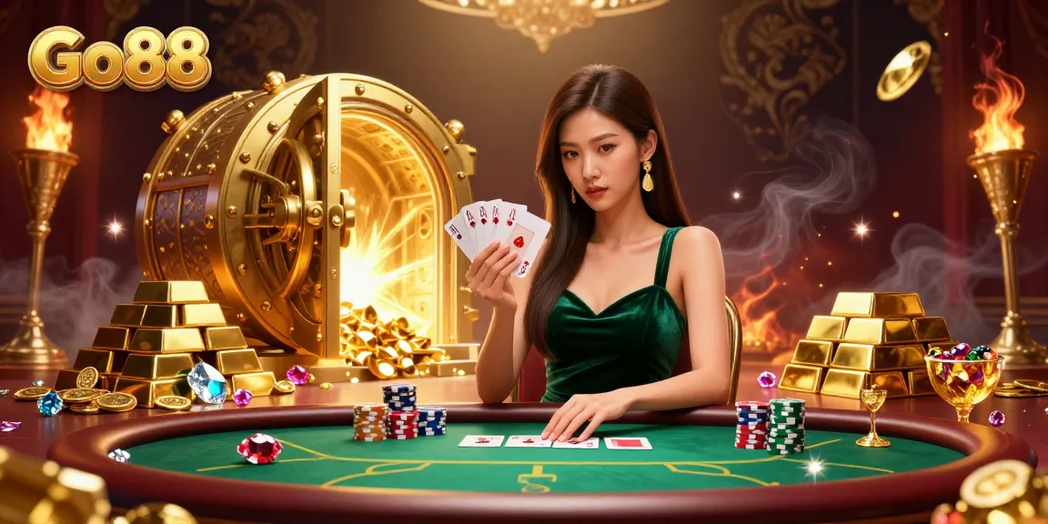 Go88 poker player analyzing cards at a luxurious table enriched with gold treasures.