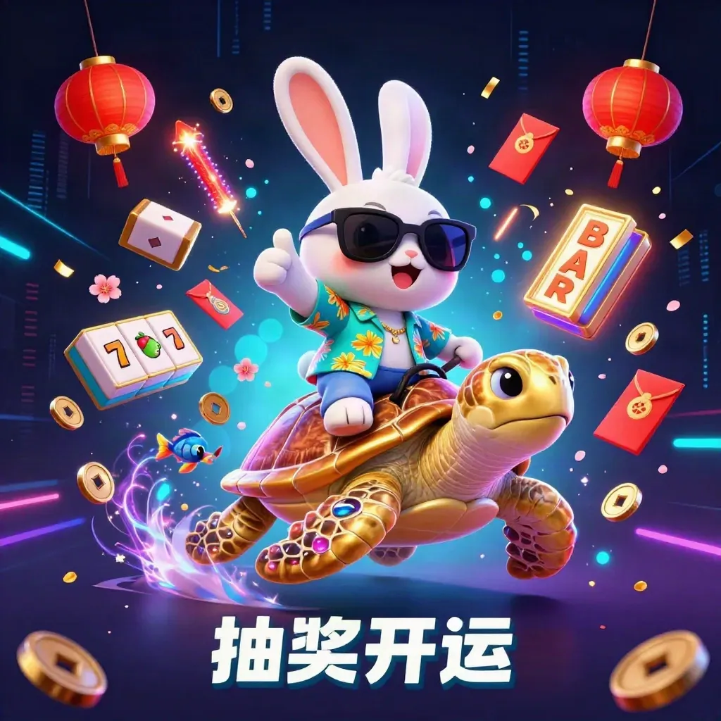 Lucky rabbit rides a golden sea turtle amid neon casino and festival magic.