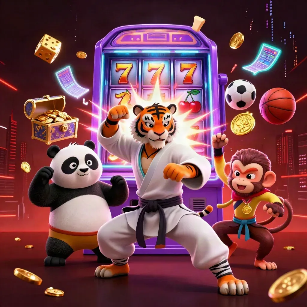 Kung-fu tiger, panda, and monkey amid exploding slot machine, sports balls, and neon casino lights.