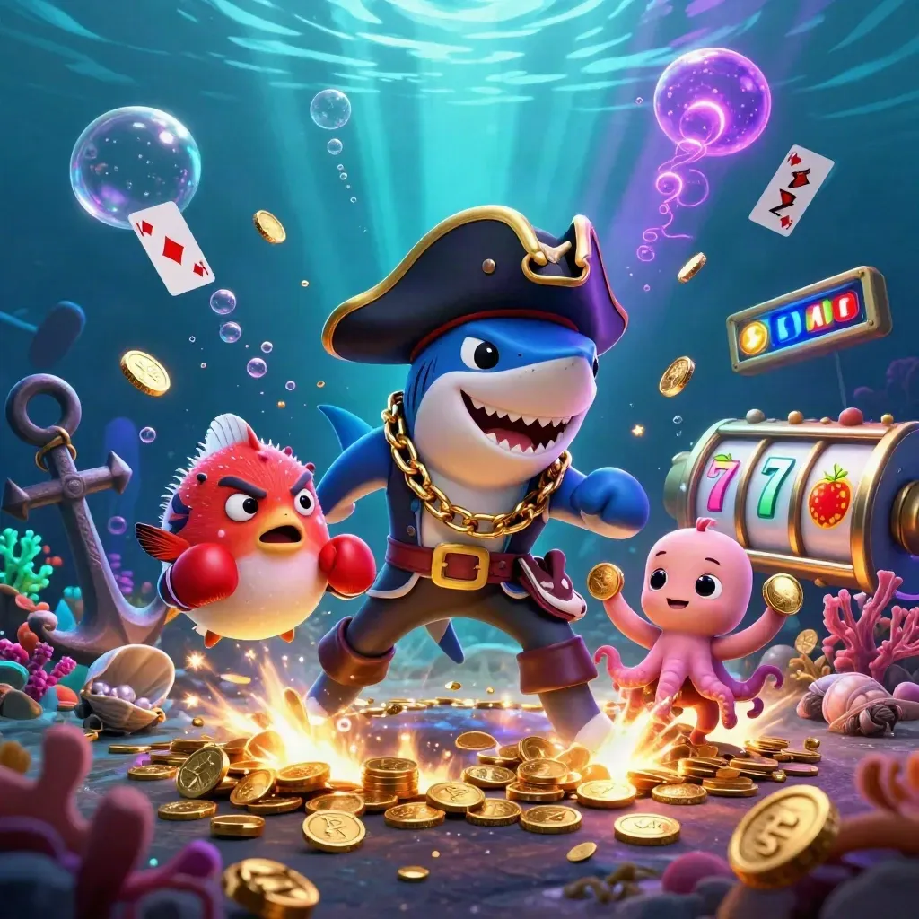 Shark pirate, boxing pufferfish and coin-juggling octopus amid neon underwater treasure and slots.