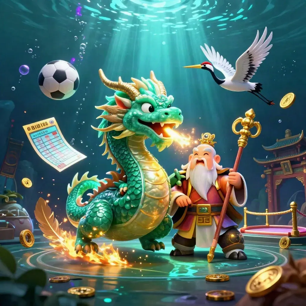 Jade dragon, turtle sage and cranes amid gold fire, coins and neon underwater light