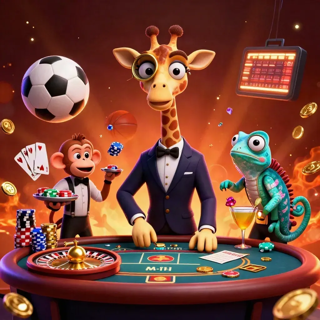 Giraffe, monkey and chameleon in a neon casino burst with sports balls, chips and golden sparks.