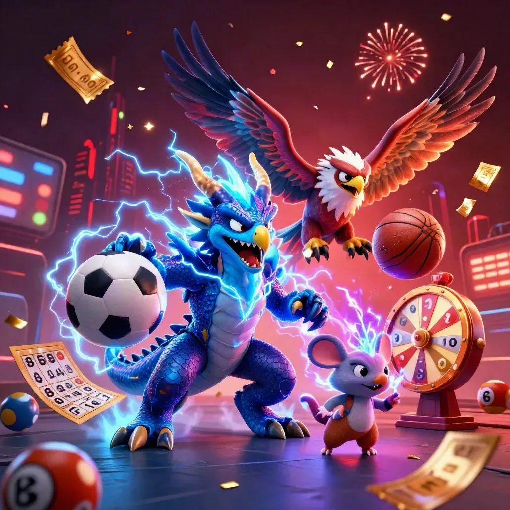 Electric dragon, hawk and mouse amid casino balls, wheel, confetti, and neon stadium light.