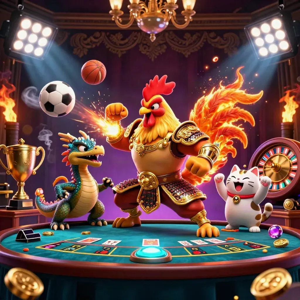 Rooster warrior, dragon hatchling and fortune-cat amid casino lights, balls, trophies and roulette glamour