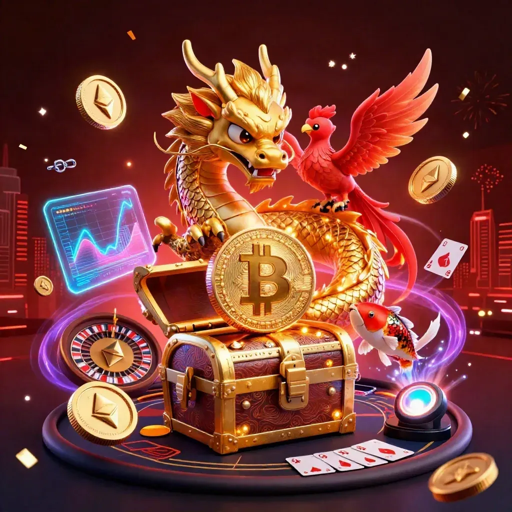 Golden dragon, phoenix, and koi amid neon casino effects and spinning roulette