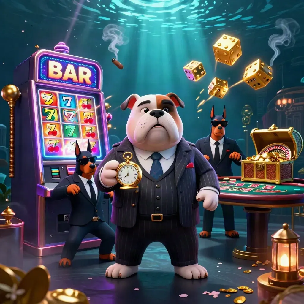 Bulldog mob boss and Doberman guards amid a bursting slot machine, gold, dice, and casino lights.