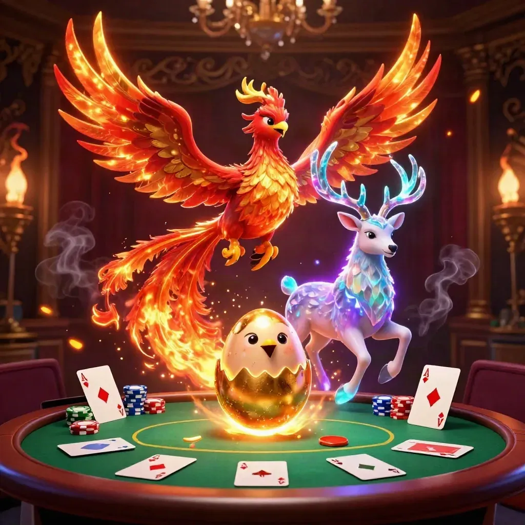 Fire phoenix, baby hatchling, and crystal-antler stag over poker chips on a luxe damask casino backdrop.