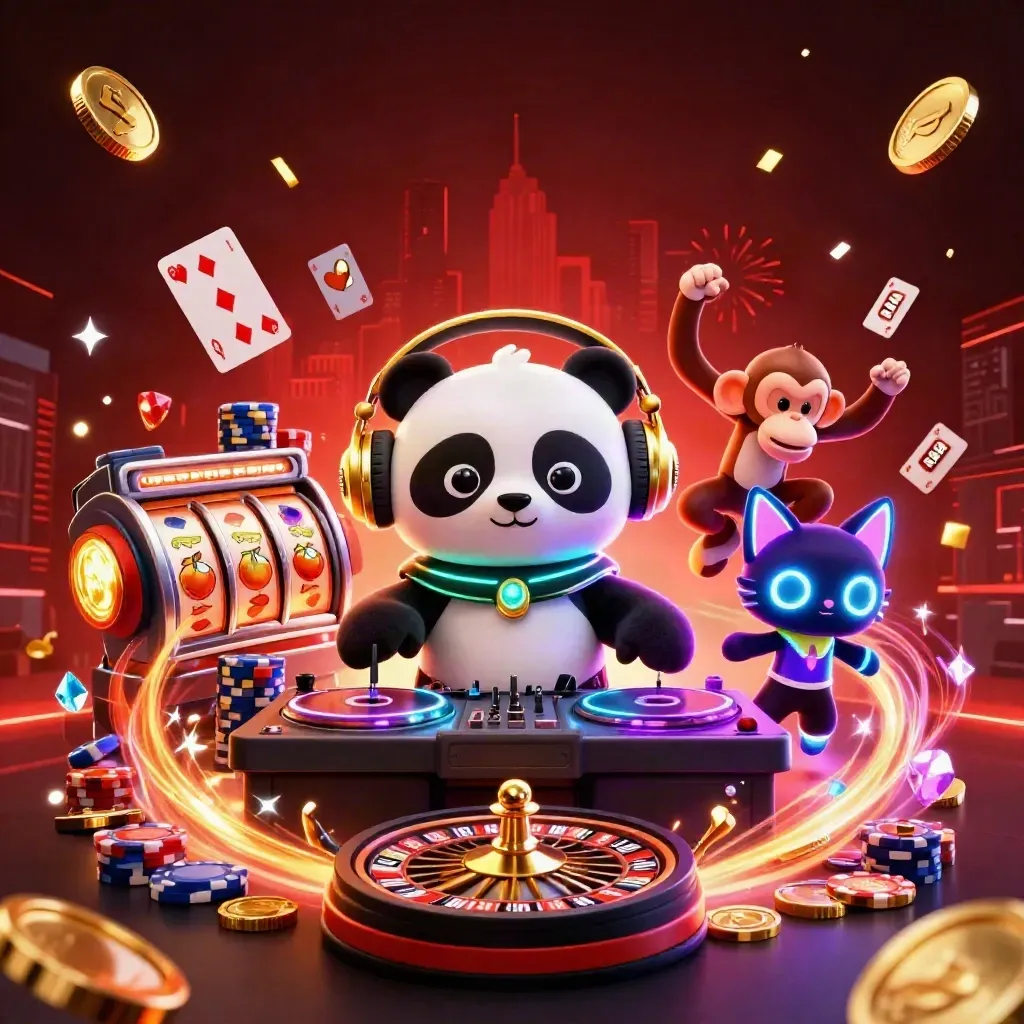 DJ panda, breakdancing monkey, and rave kitten in a neon casino explosion with coins, cards, and chips.
