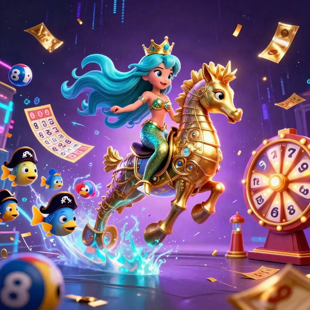 Mermaid princess on an armored seahorse, pirate fish, neon casino bursts, gold tickets and purple glow