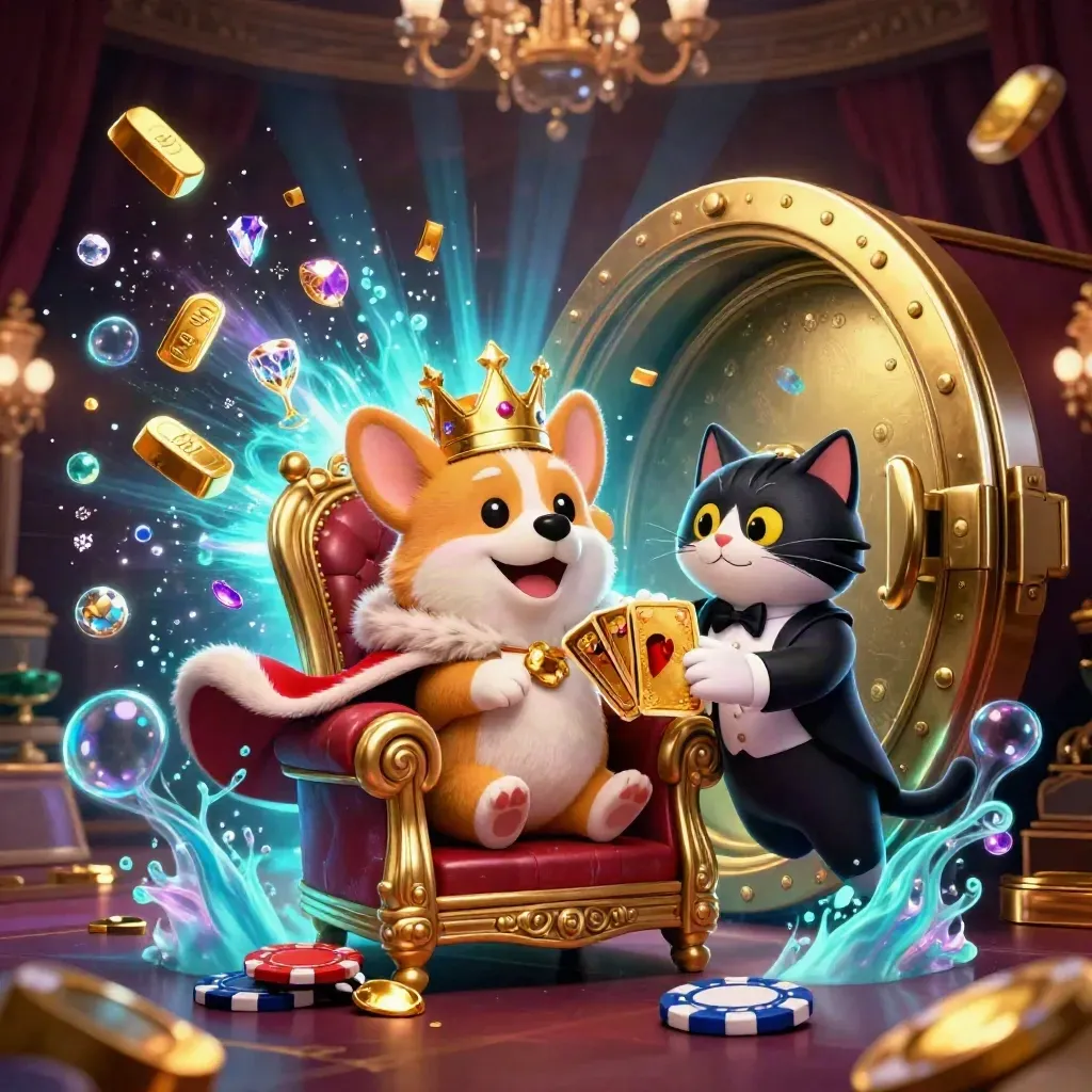 Royal corgi and cat butler burst from a treasure vault with gold, gems and cyan glow.