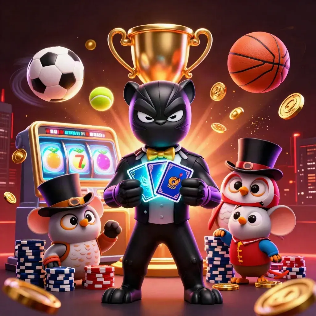 Panther, owl, and mouse in casino glam with flying balls, chips, coins, and neon lights.