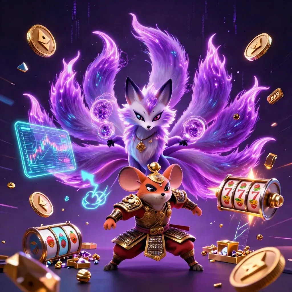 Neon fox spirit and armored mouse amid casino coins, lightning, gems, and glowing slot symbols.