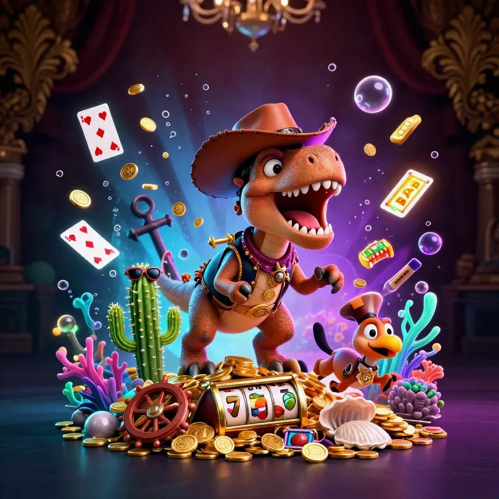Cowboy T-Rex, cactus sidekick, and sheriff roadrunner amid gold coins, coral, and neon casino treasure.