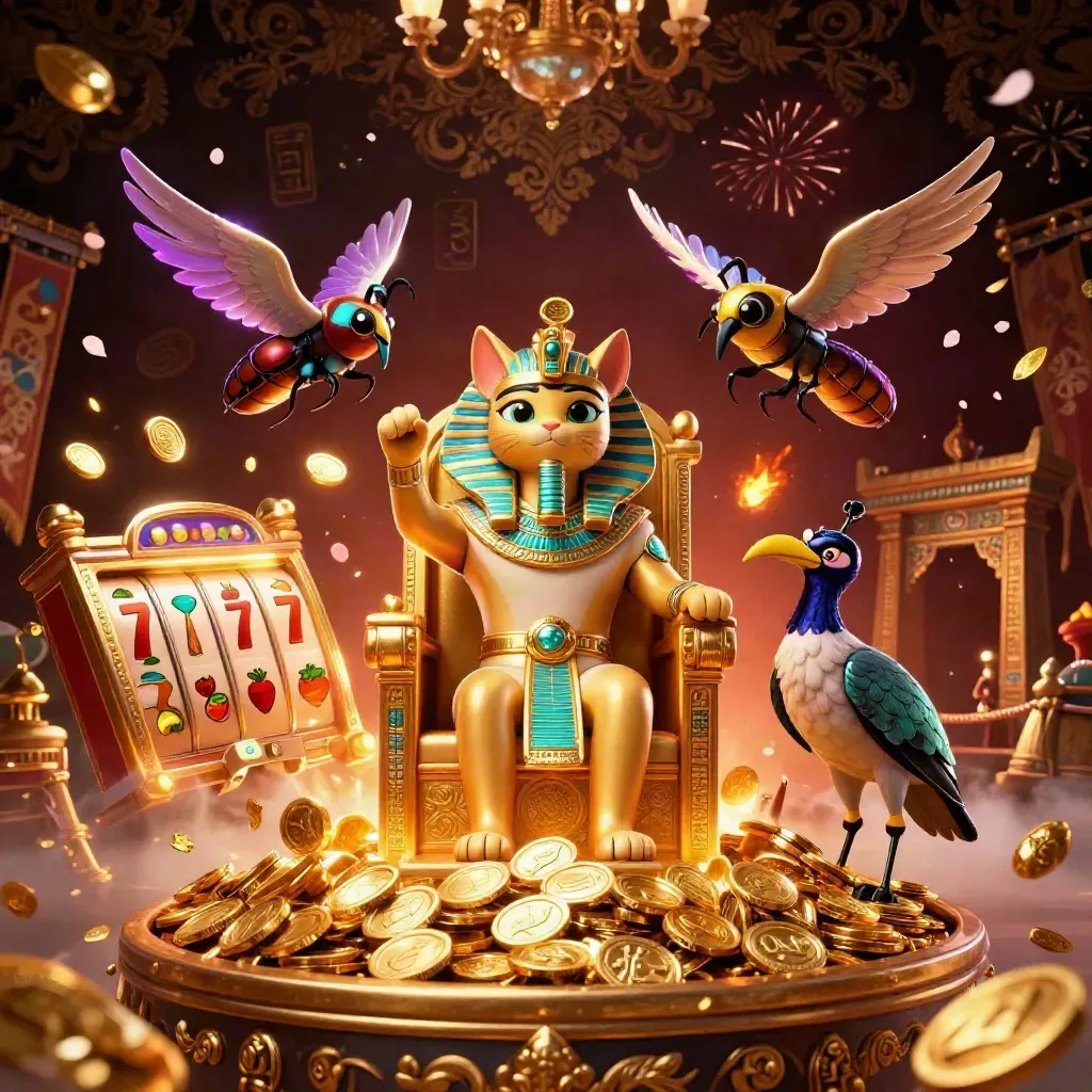 Pharaoh cat, ibis scribe and gem scarabs amid coins, reels and fireworks in a neon casino scene.
