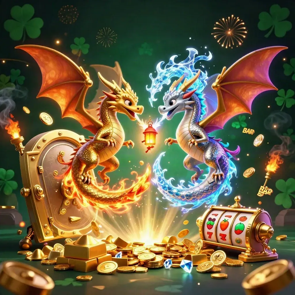 Twin dragons burst from a vault with gold, gems, reels, fireworks, and a glowing lantern spirit.