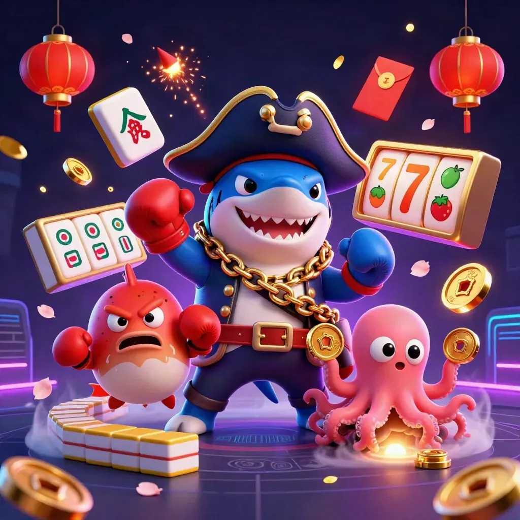 Pirate shark, boxing pufferfish, and coin-juggling octopus amid neon casino effects.