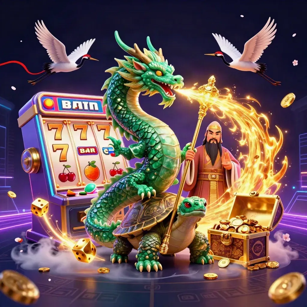 Jade dragon, turtle sage, and cranes amid slot reels, gold, and neon casino effects.