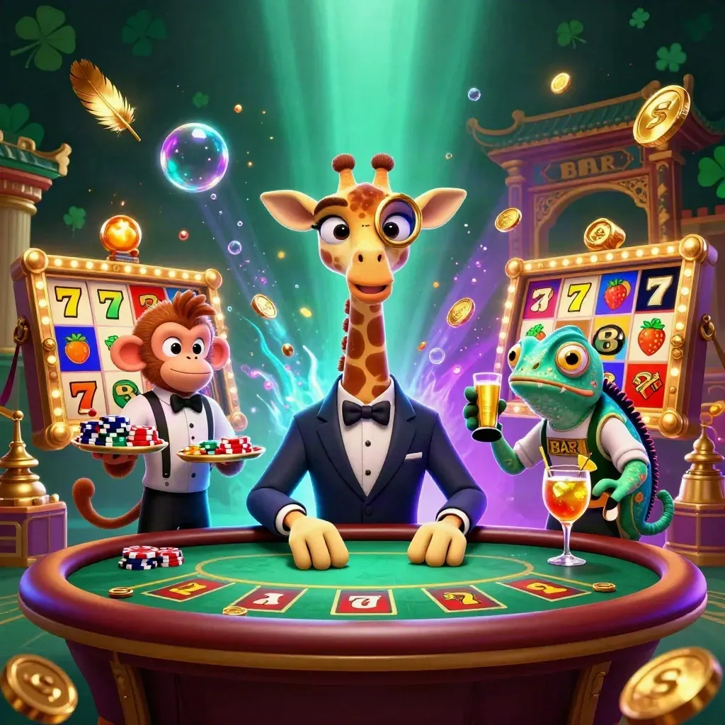 Giraffe, monkey, and chameleon in neon casino chaos with cards, coins, and glowing effects.