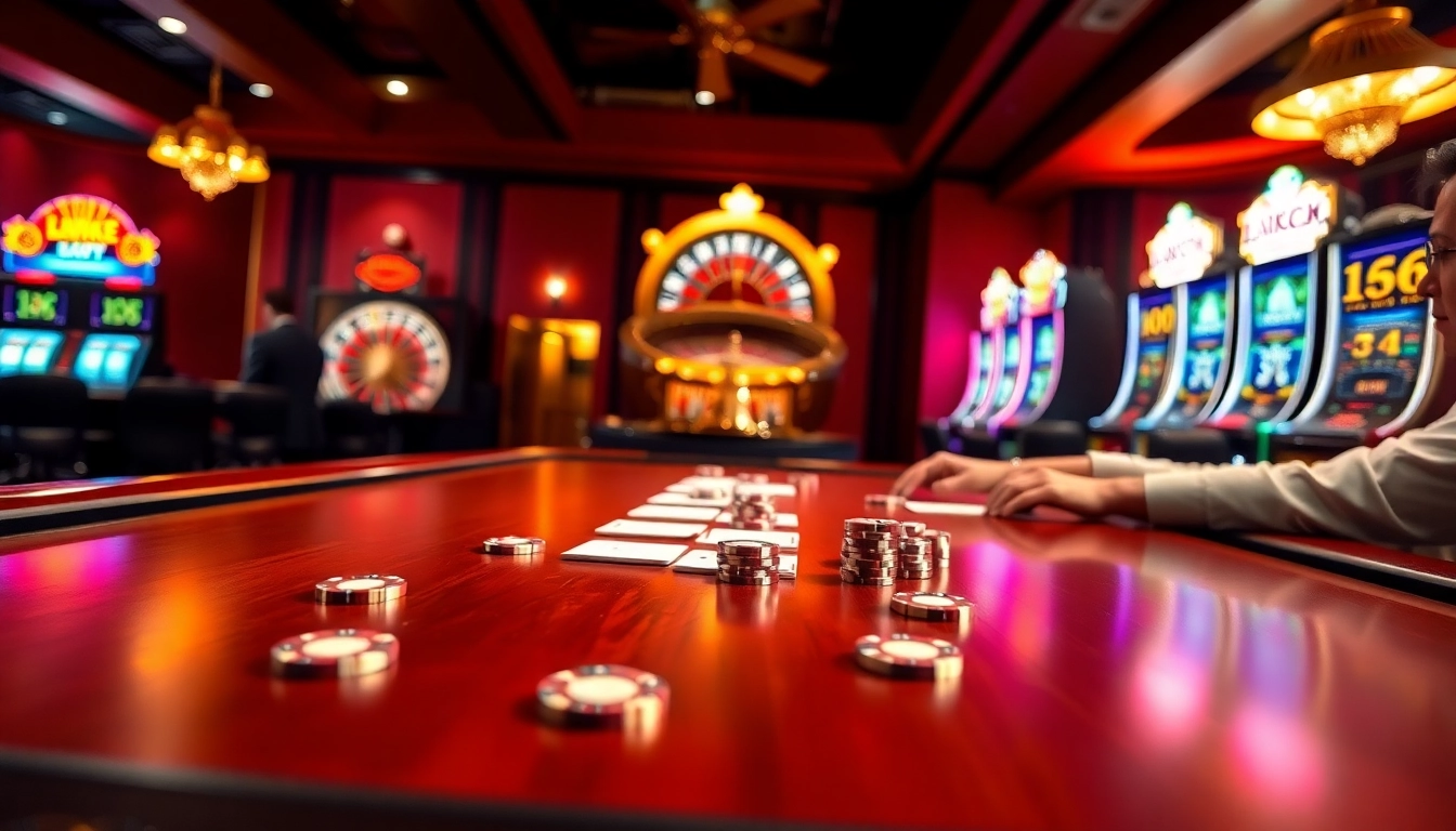Experience the thrill of luck8 at a glamorous poker table surrounded by glittering casino elements.