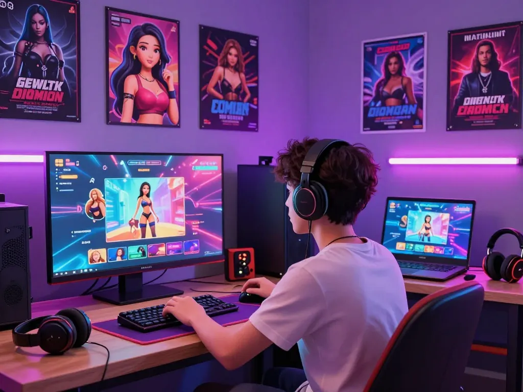 Dynamic scene showcasing interactive porn games featuring engaging 3D characters in a vibrant gaming room.