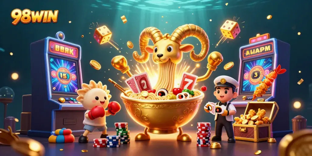 Experience excitement with 98WIN's animated casino characters dealing cards and celebrating wins.