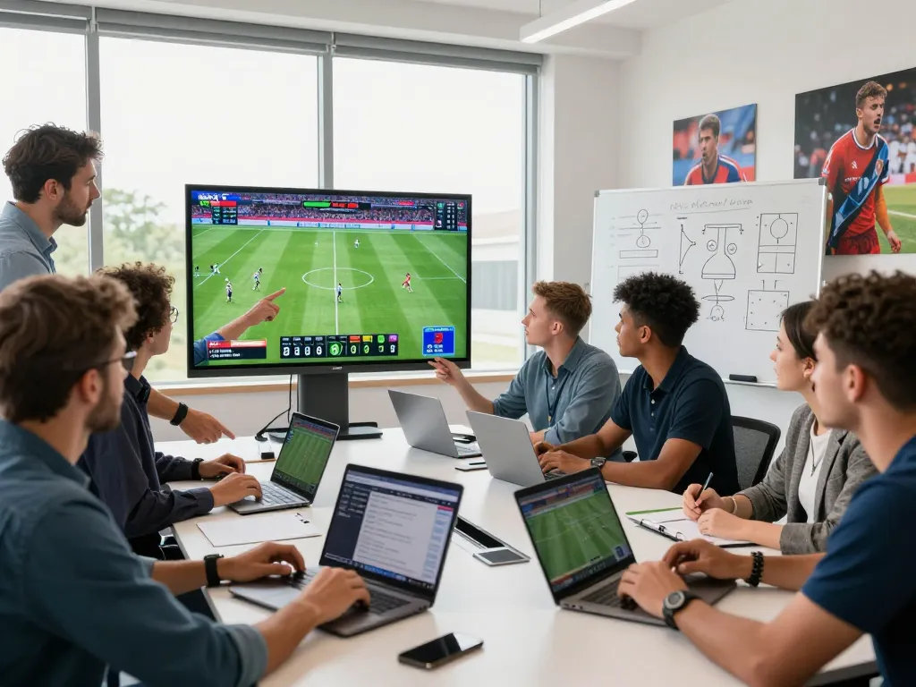 Bongdalu sports analysts engaged in live match analysis displaying real-time statistics and strategies.