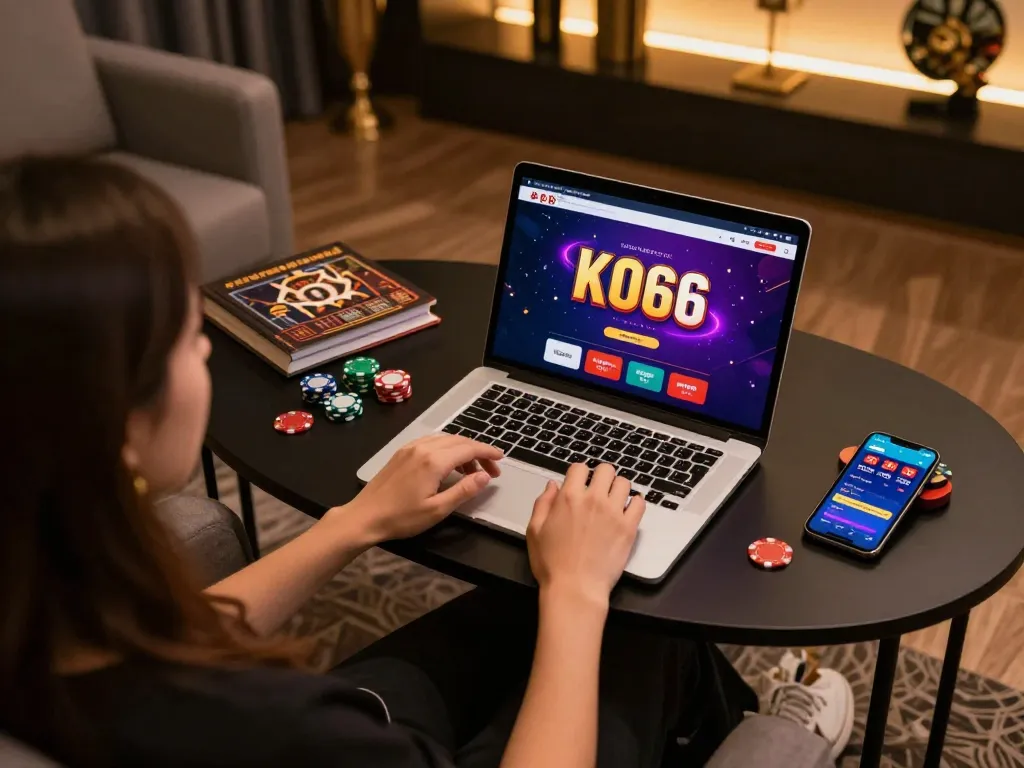 Tham gia ứng dụng casino KO66 trên máy tính xách tay, thể hiện cờ bạc trực tuyến có trách nhiệm.
