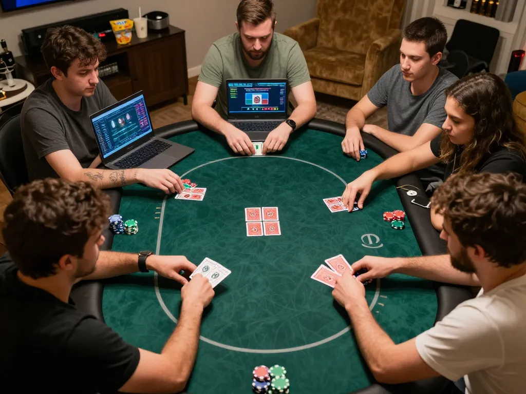 Engaged players enjoying strategy during an online poker game at Nhà cái BJ88, home gaming setting.