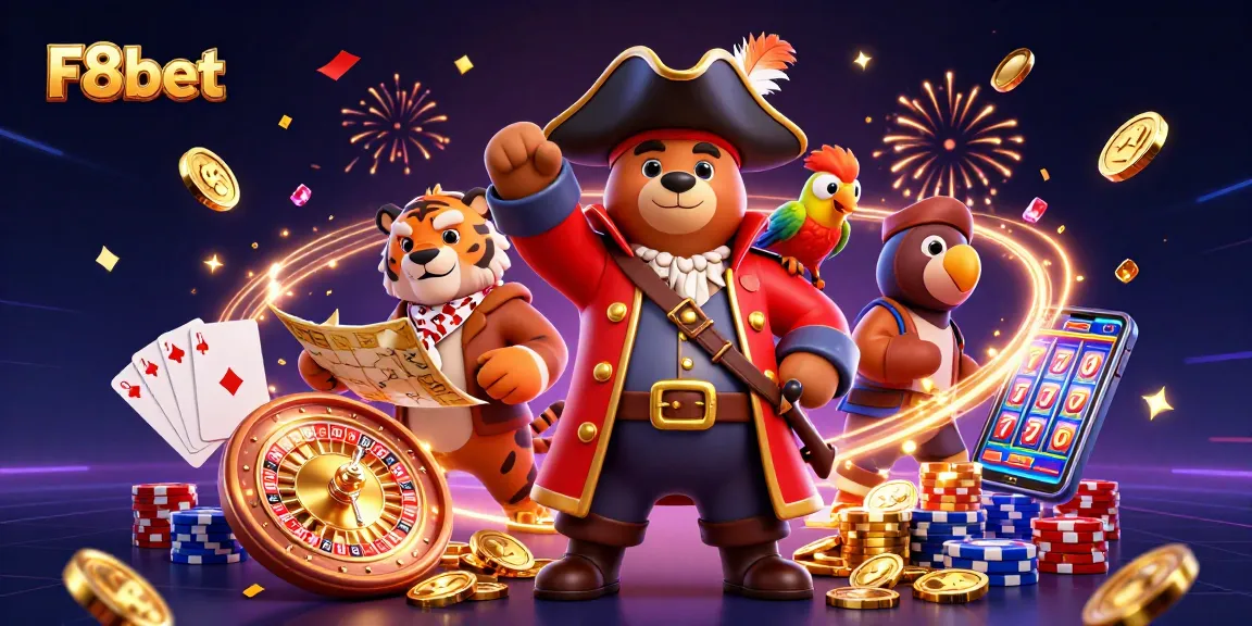 Experience the thrill of F8bet with this vibrant casino illustration featuring pirate captain bear, tiger, and rich gaming elements.