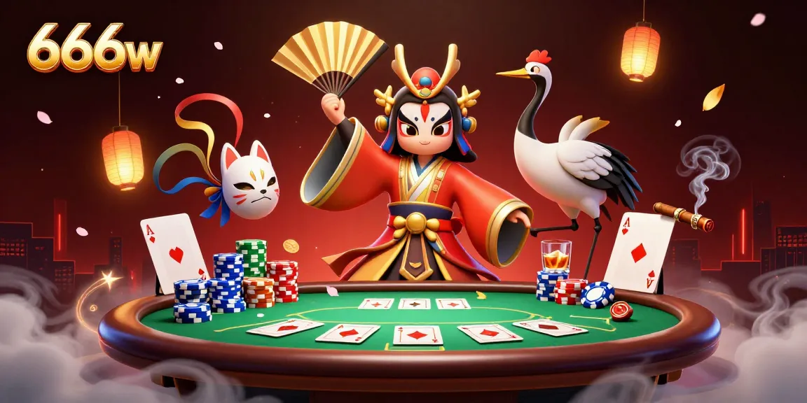 Experience thrilling poker action with 666w featuring a kabuki warrior, poker elements, and vibrant visuals.