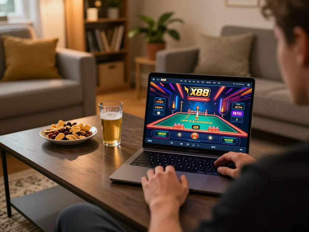 Player engaging with the x88 casino app on a laptop, showcasing an inviting home gaming setup