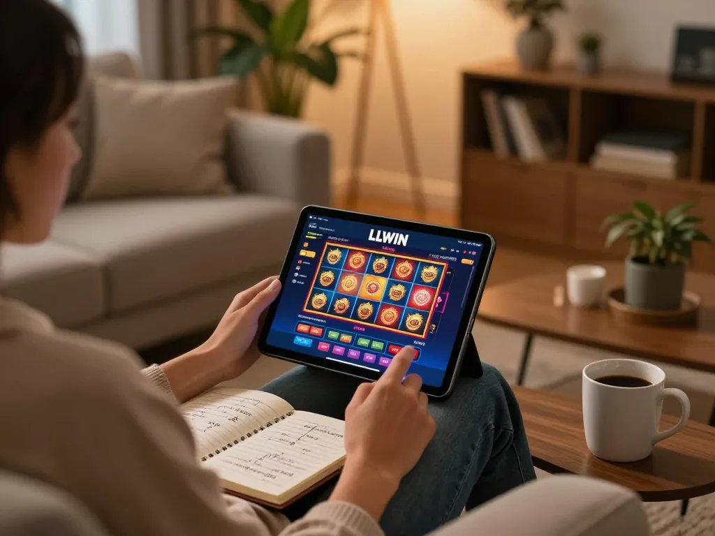 Engaging in LLWIN online casino on a tablet in a cozy home, mixing strategy and fun