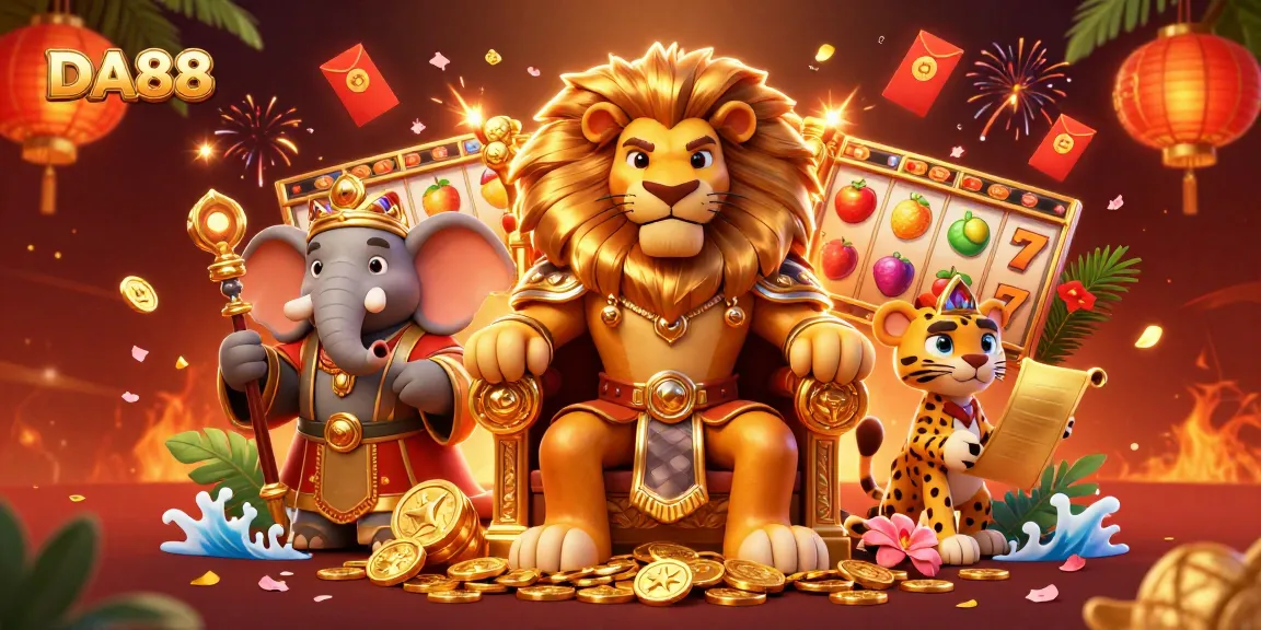 Experience the excitement of DA88 with a golden throne scene featuring royal characters and slot reels.