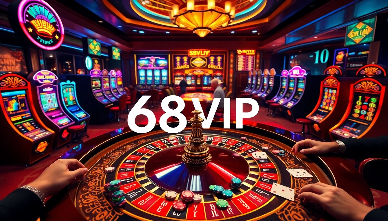Experience the thrill of gaming at 68VIP with a luxurious casino scene filled with roulette and slot machines.