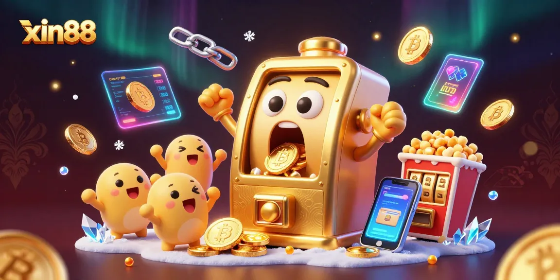 Experience the thrill of winning at xin88 with a golden slot machine celebrating a jackpot amidst cryptocurrency elements.