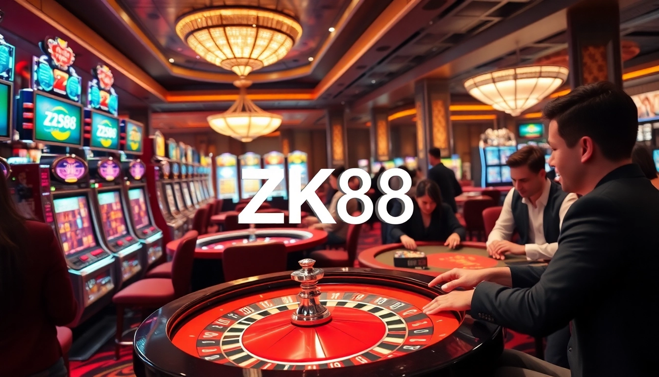 ZK88 players enjoying an exciting game in a luxurious casino setting with vibrant slot machines.