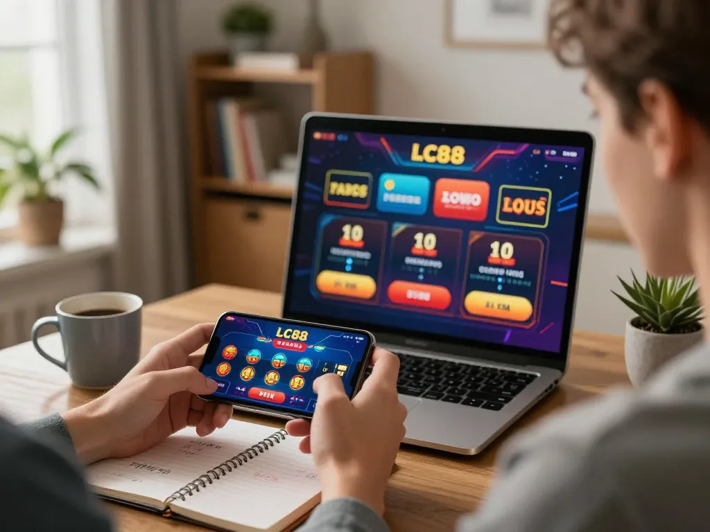Engaged player using LC88 casino app on smartphone in a cozy setting.