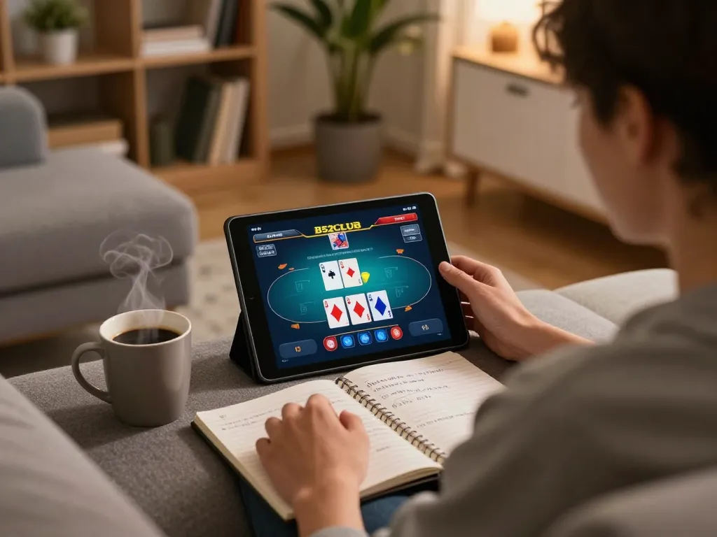 B52CLUB player using a tablet for poker strategy in a cozy home environment.