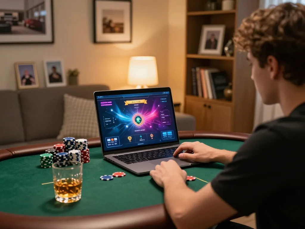 Player enjoying online poker at BL555 in a cozy home gaming setup with vibrant graphics and ambient lighting.
