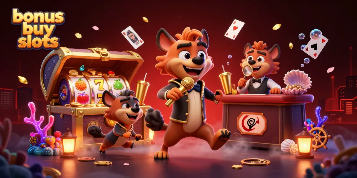 Experience exciting bonus buy slots with hyena comedians in a vibrant casino scene.
