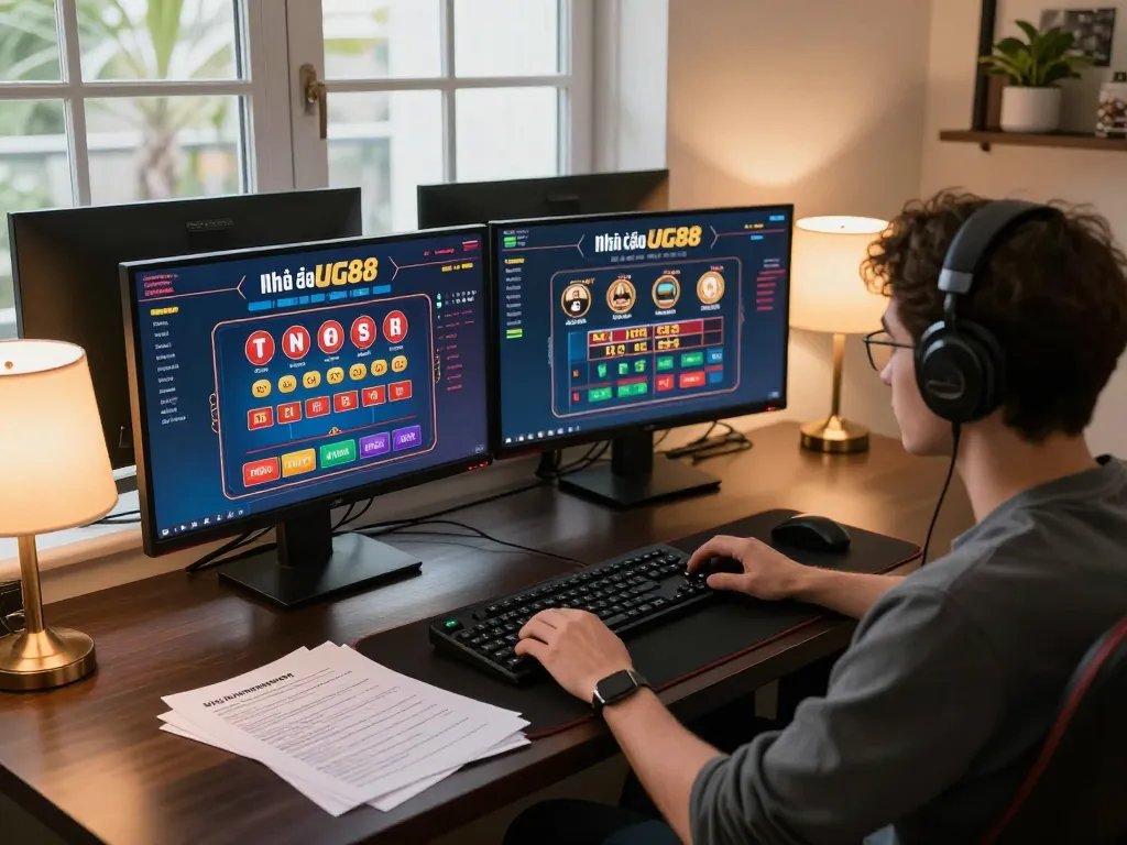 Player exploring Nhà cái UG88's casino games on multiple screens, promoting an engaging gambling experience.