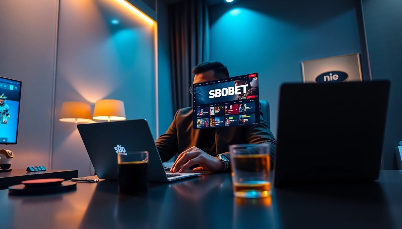 An inviting online gambling scene showcasing an individual engaging with sbobet.dance on a modern laptop, exuding excitement and professionalism.