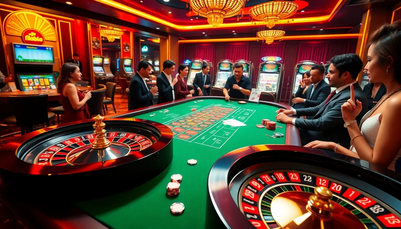 GO8 players enjoying an exciting casino atmosphere with vibrant roulette and poker elements.