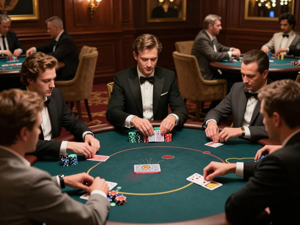 uu88 players engaged in an intense poker game, showcasing strategic gameplay in an upscale casino.